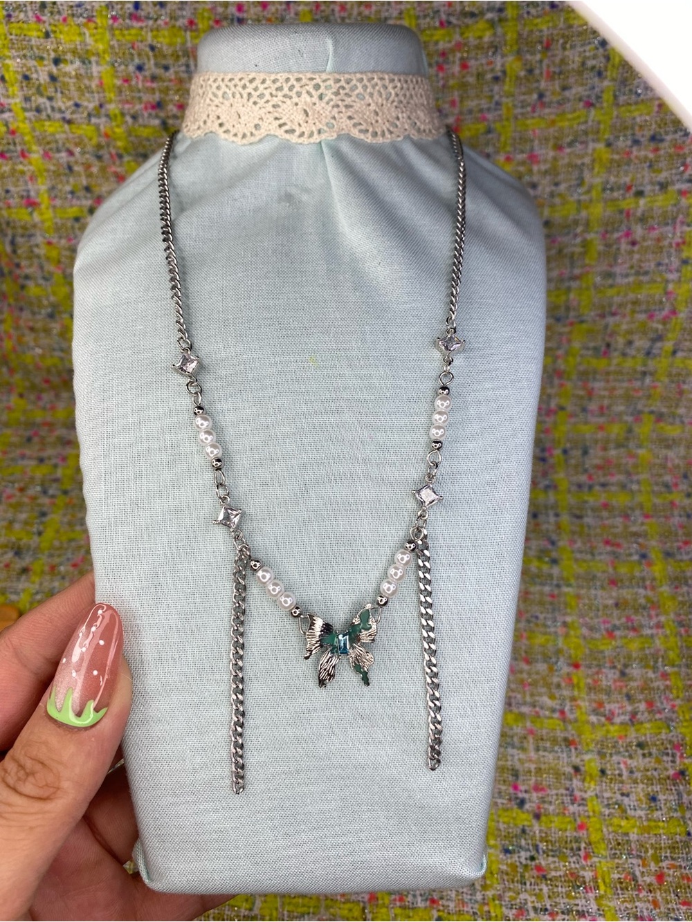 Silver Chain Necklace with Green Butterfly Pendant